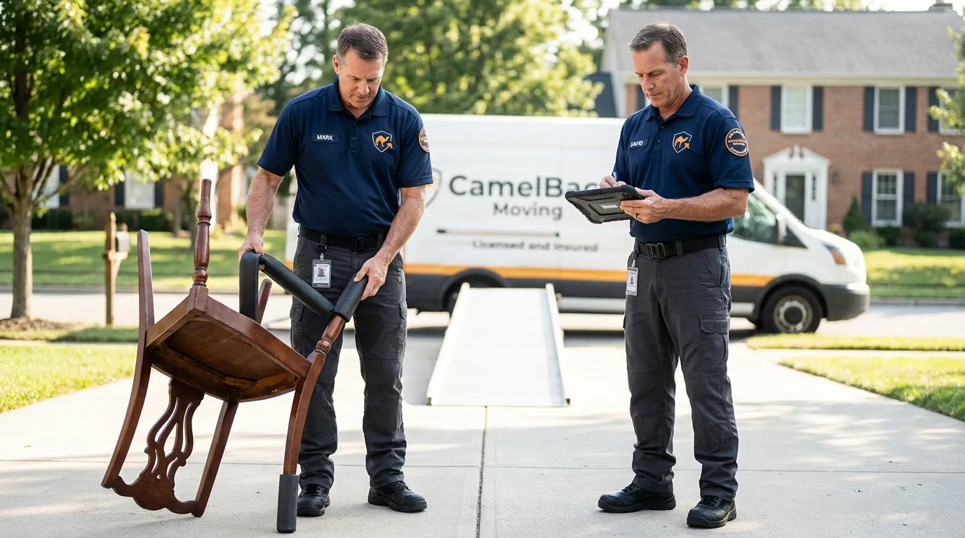 Movers inspecting furniture for damage prevention before loading in Bealeton, VA